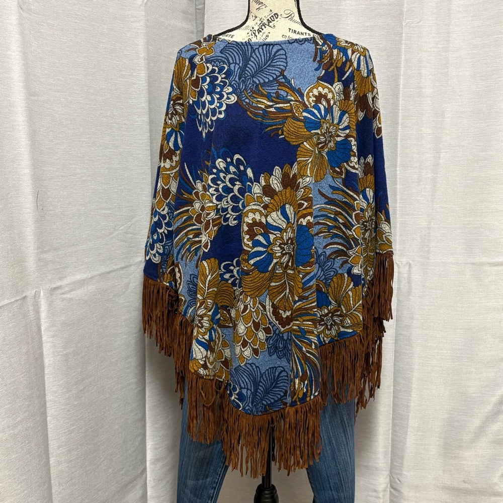 NWT Susan Graver Floral Fringe Pullover Poncho w/fringe Boho Western Country M/L